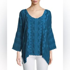 Johnny Was Analusia Embroidered Top Blue Tide 3/4 Sleeve Blouse Women’s Sz Small